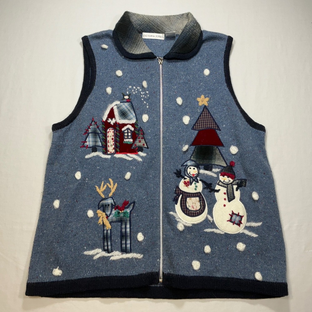 Victoria Jones Christmas Sweater Vest Snowman Reindeer Cottage Holiday L‎